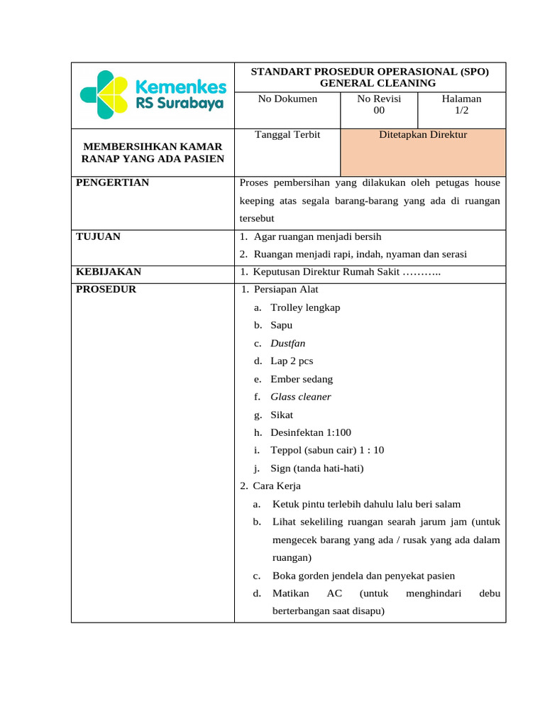 Sop Membersihkan Ranap Yang Ada Pasien | PDF