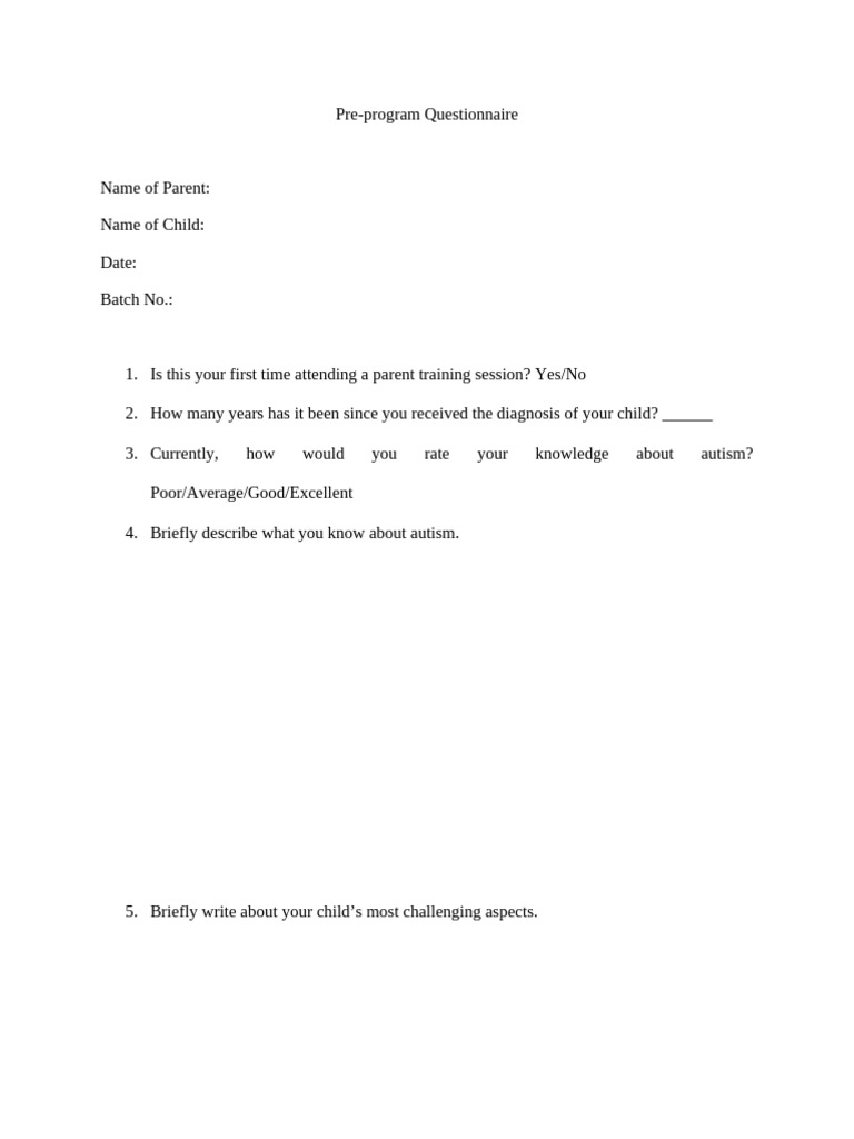 Parent Training Pre-Program Questionnaire | PDF
