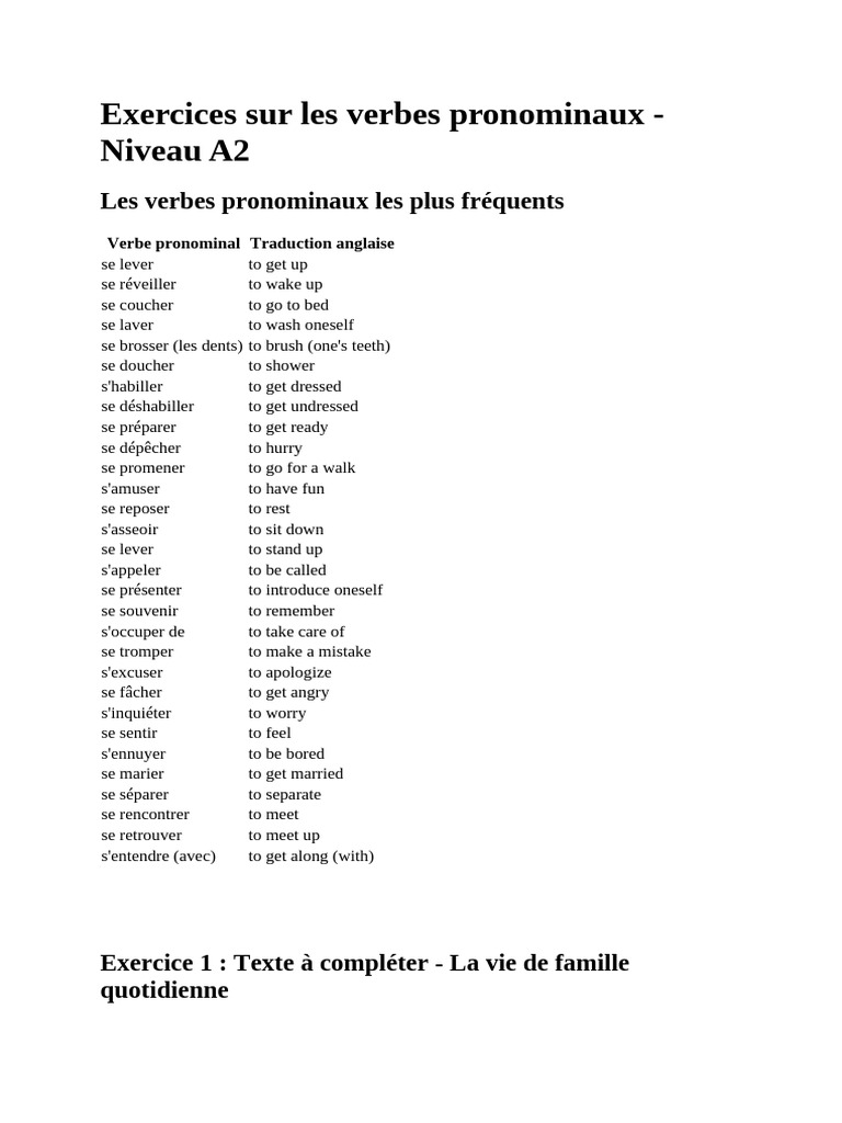Exercices A2 sur les verbes pronominaux | PDF