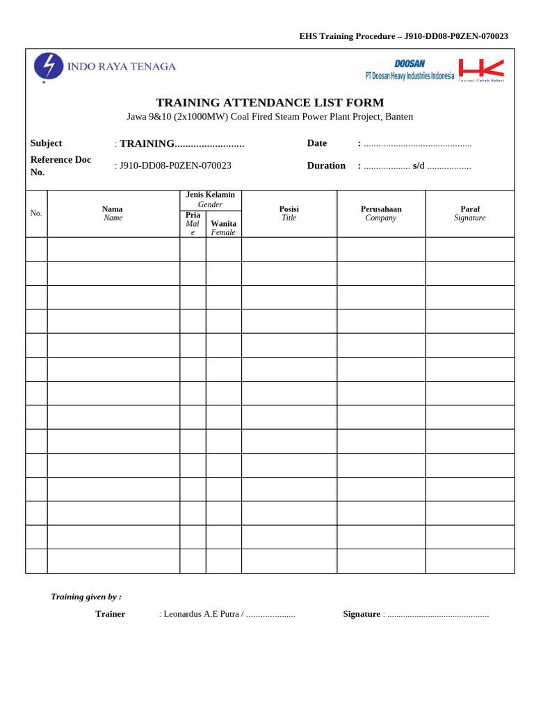 EHS Training Attendance Form J910-DD08 | PDF