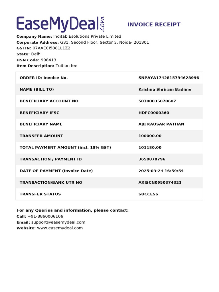 Inditab Esolutions Invoice Receipt | PDF