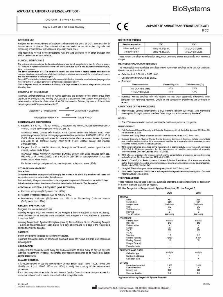 Aspartate Aminotransferase (AST) Reagent Guide | PDF | Medical Specialties