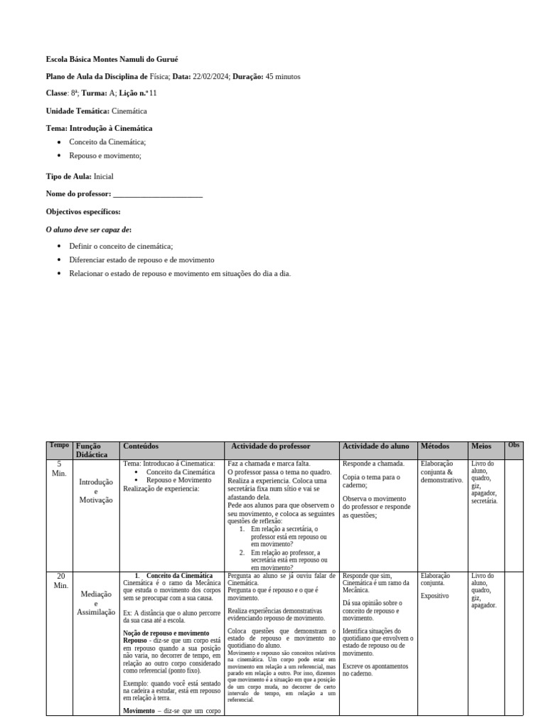 Plano de Aula de Física (Finalizado) | PDF | Cinemática | Tempo