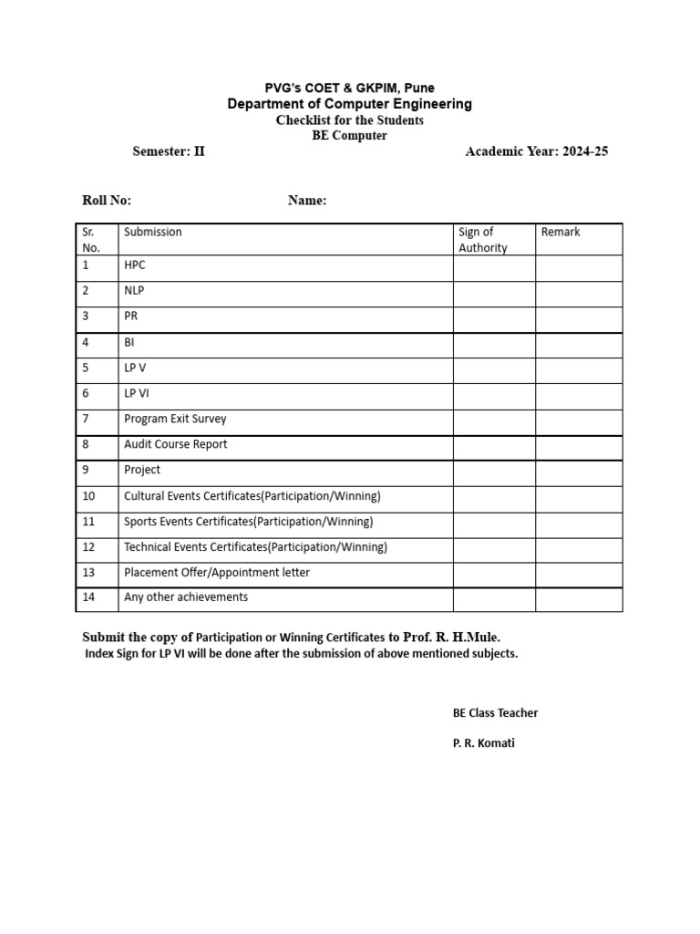 Checklist For Overall Submission 2024-25 SEM II | PDF