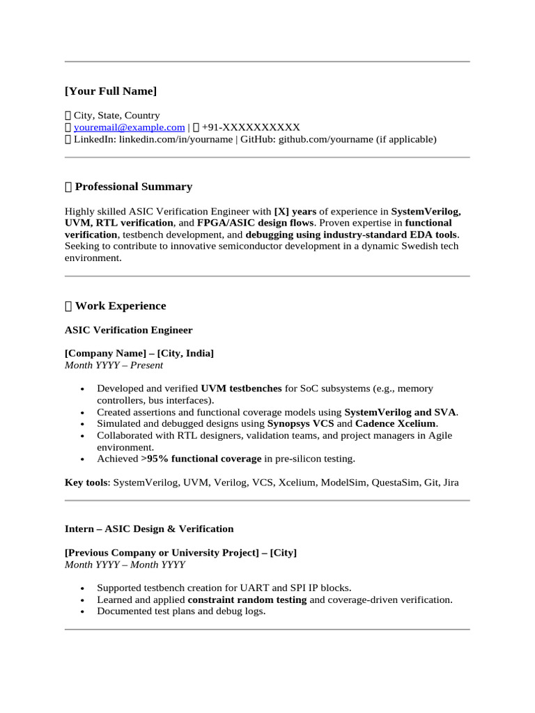 ?? ASIC Verification Engineer - CV Template (Sweden Format) | PDF ...