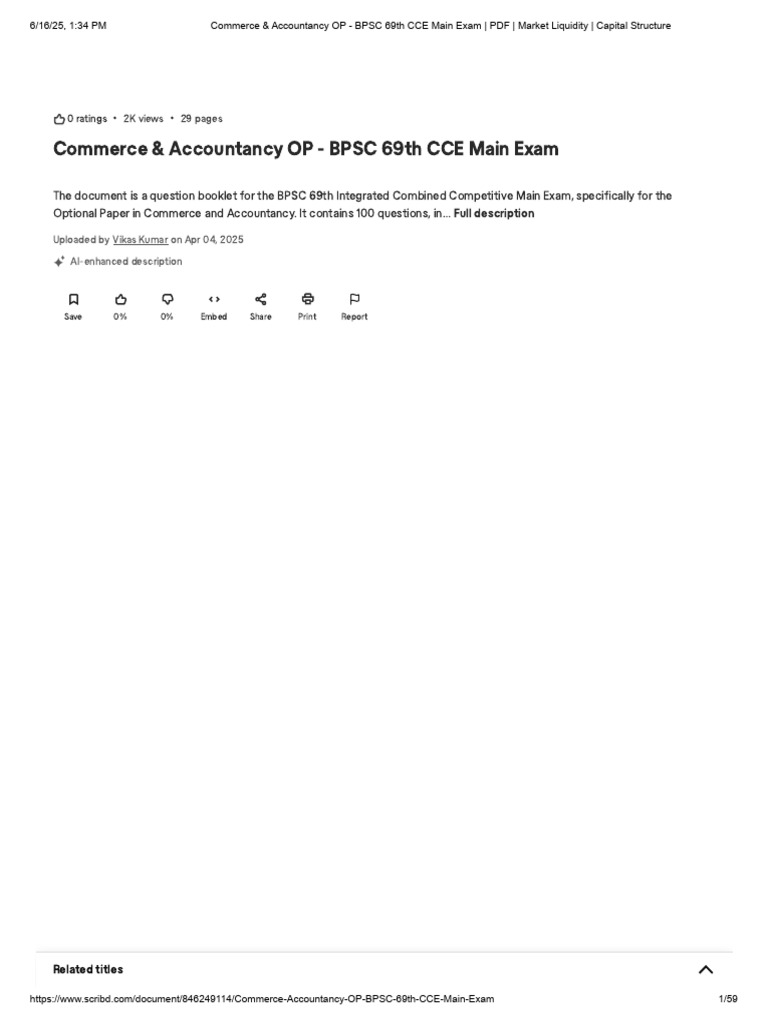 BPSC 69th Commerce & Accountancy Exam | PDF | Scribd