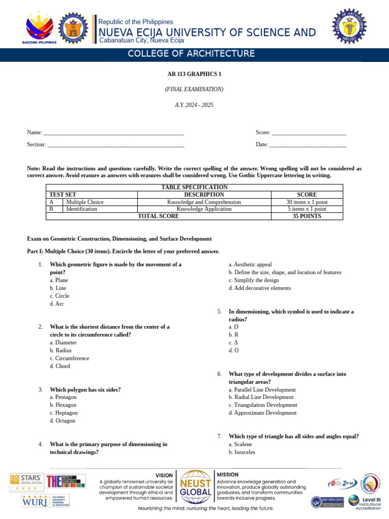 AR 113 Graphics 1 Final Exam 2024-2025 | PDF | Shape | Circle