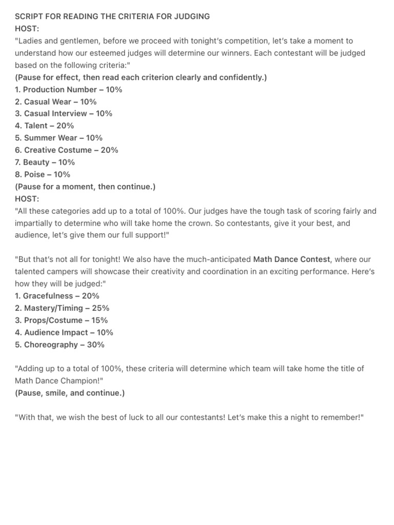 Script For Reading The Criteria For Judging | PDF