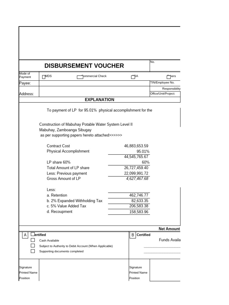 Disbursement Voucher for Water System Project | PDF | Cheque | Payments