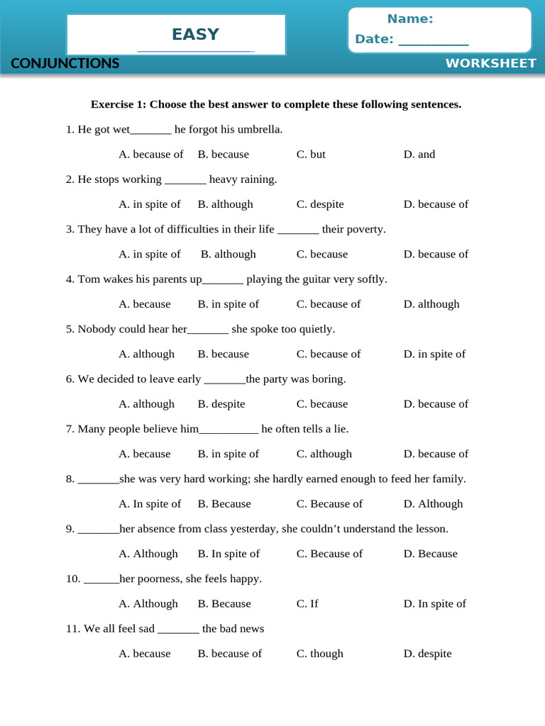 Easy Conjunctions Worksheet for Grammar | PDF