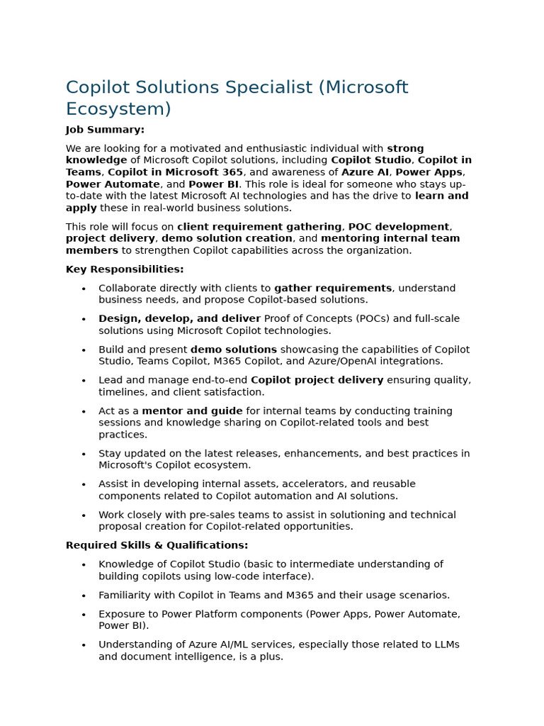 Microsoft Copilot Solutions Specialist Role | PDF | Artificial ...