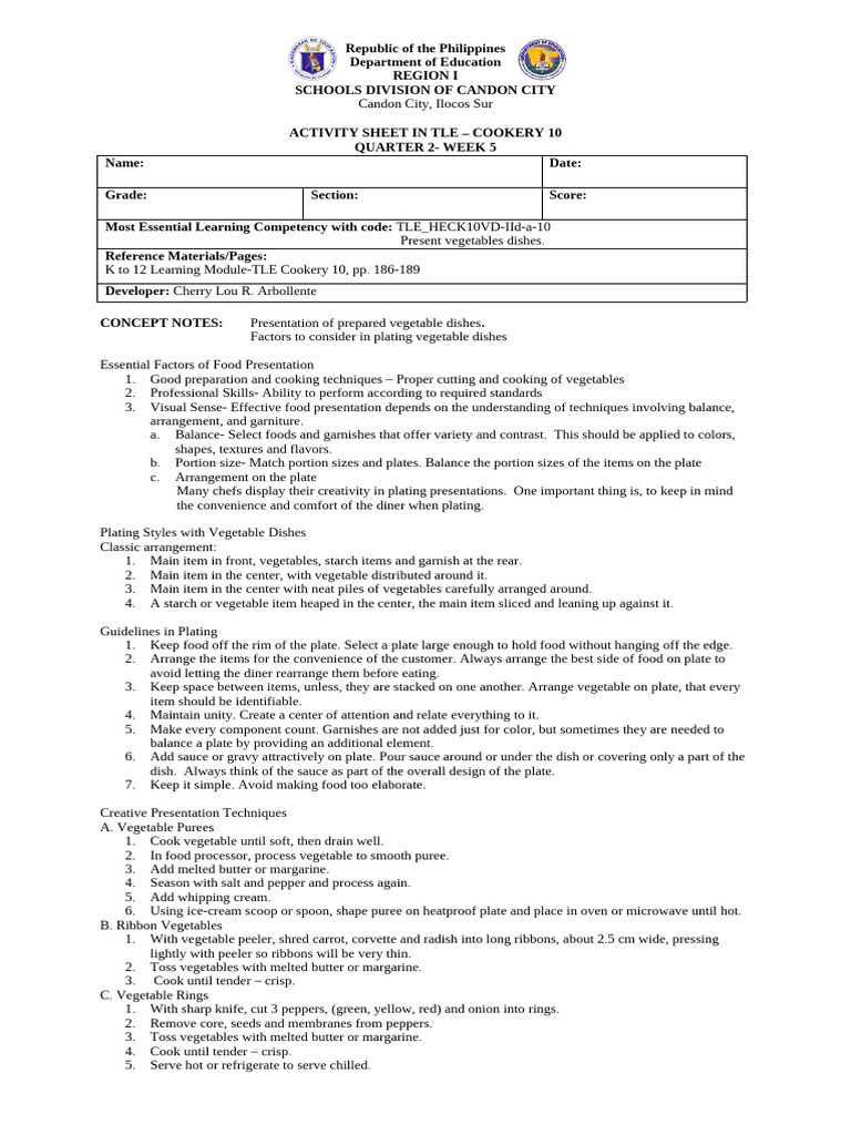 Activity Sheet Presenting and Storing Vegetables | PDF | Cooking ...