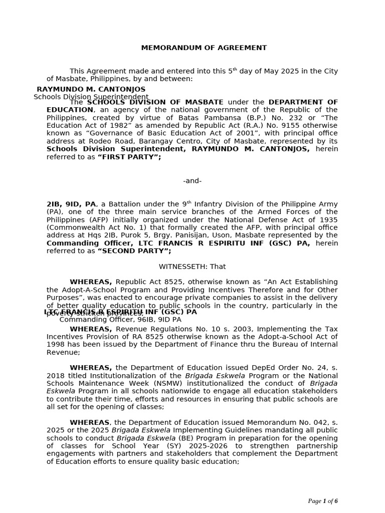 Agreement for Brigada Eskwela Program | PDF