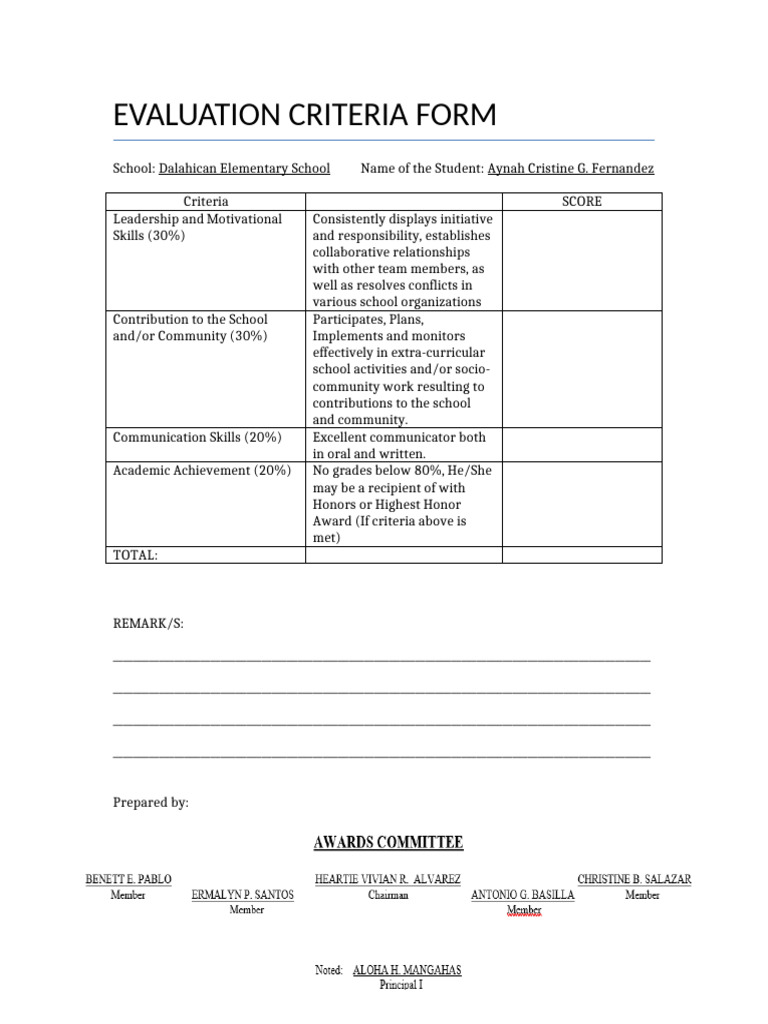 Evaluation Criteria Form | PDF | Industrial And Organizational ...