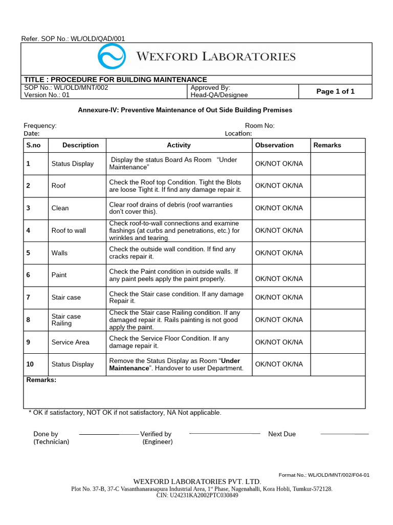 Building Maintenance Procedure SOP | PDF | Building Engineering