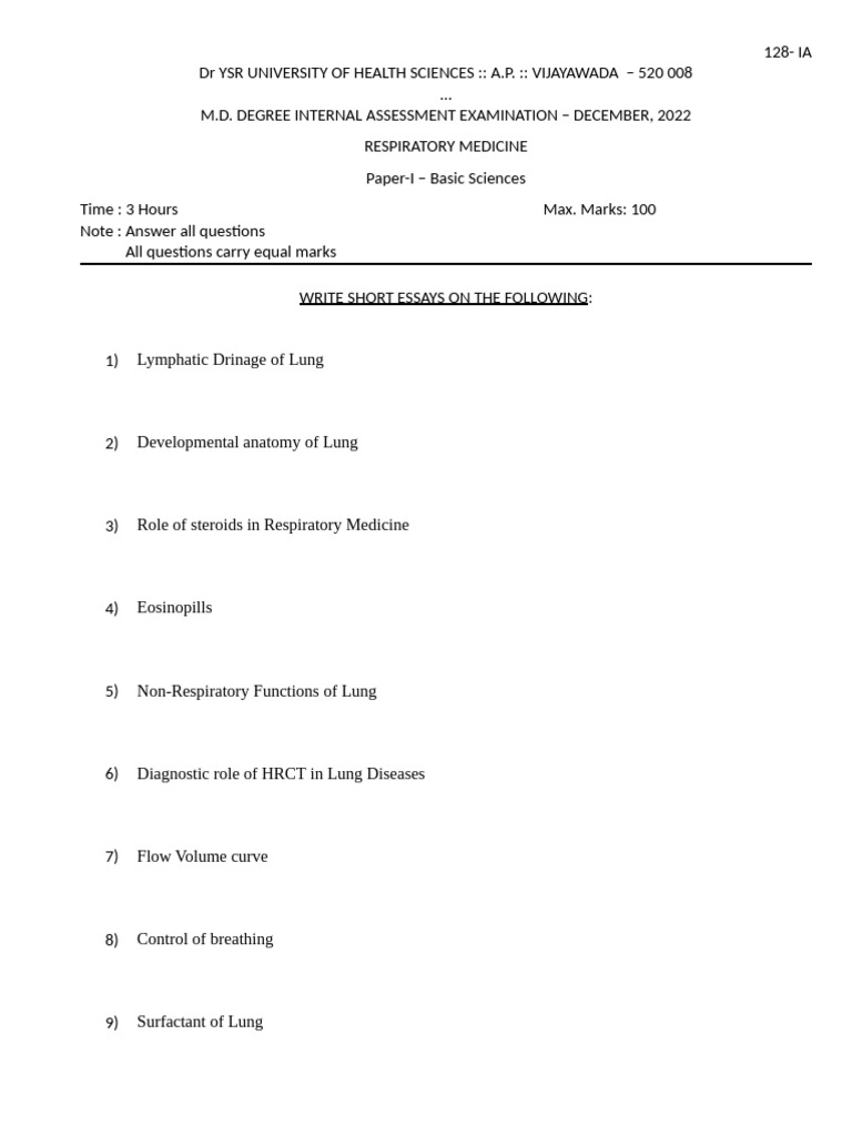 M.D. Respiratory Medicine Exam Topics | PDF | Tuberculosis | Lung