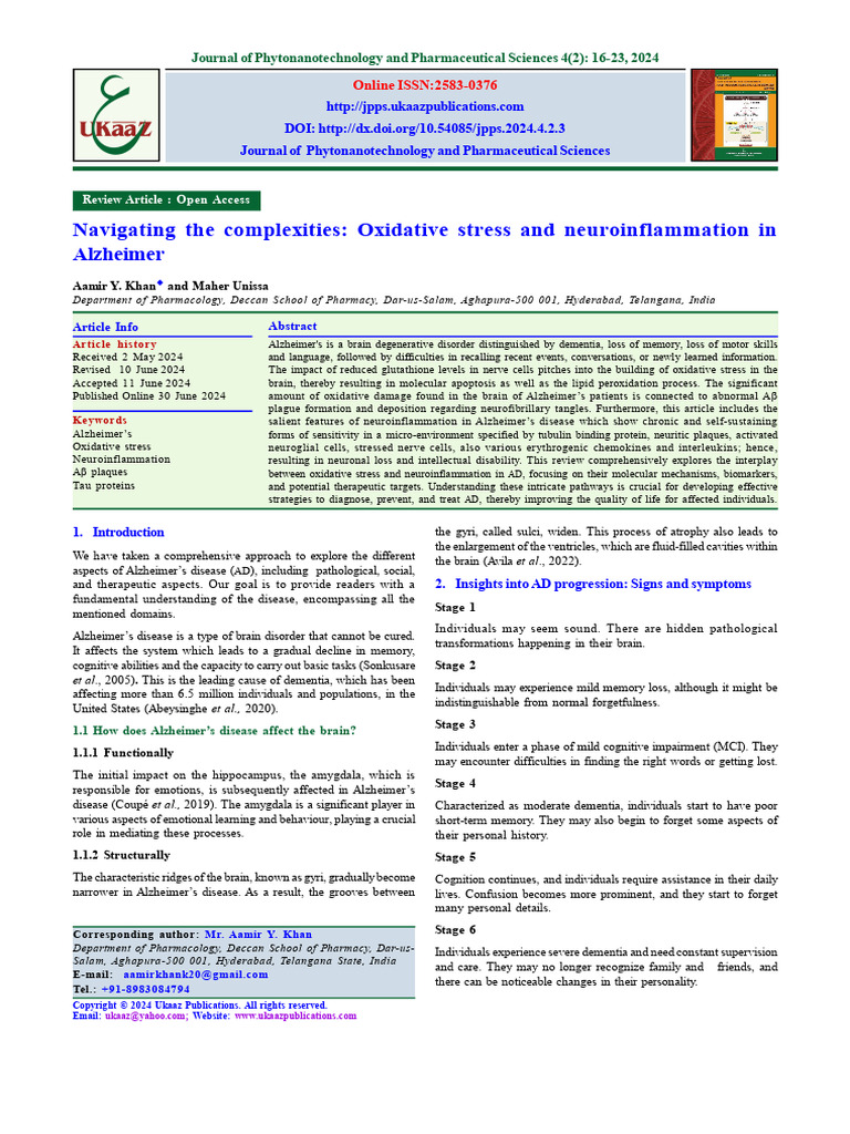 Oxidative Stress and Neuroinflammation in Alzhiemers | PDF | Reactive ...