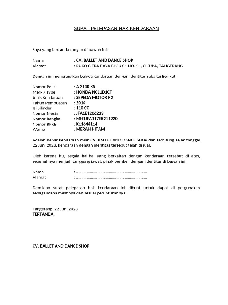 Surat Pelepasan Hak Kendaraan Honda | PDF