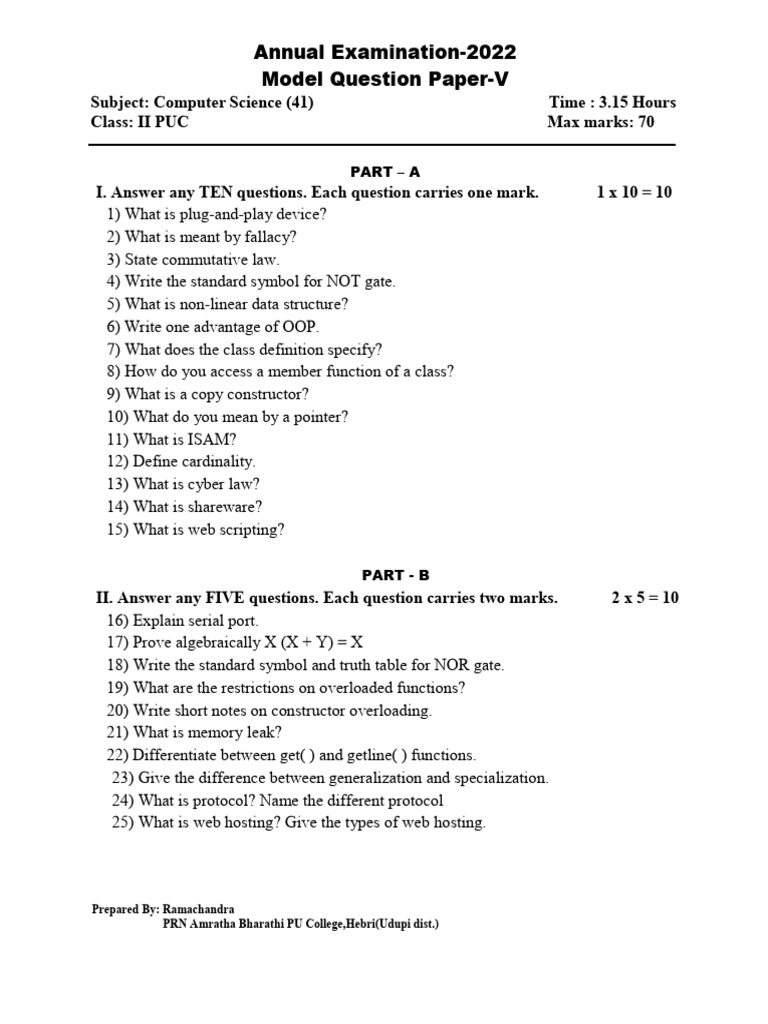 Computer Science Model Question Paper 2022 | PDF | Sql | Queue ...