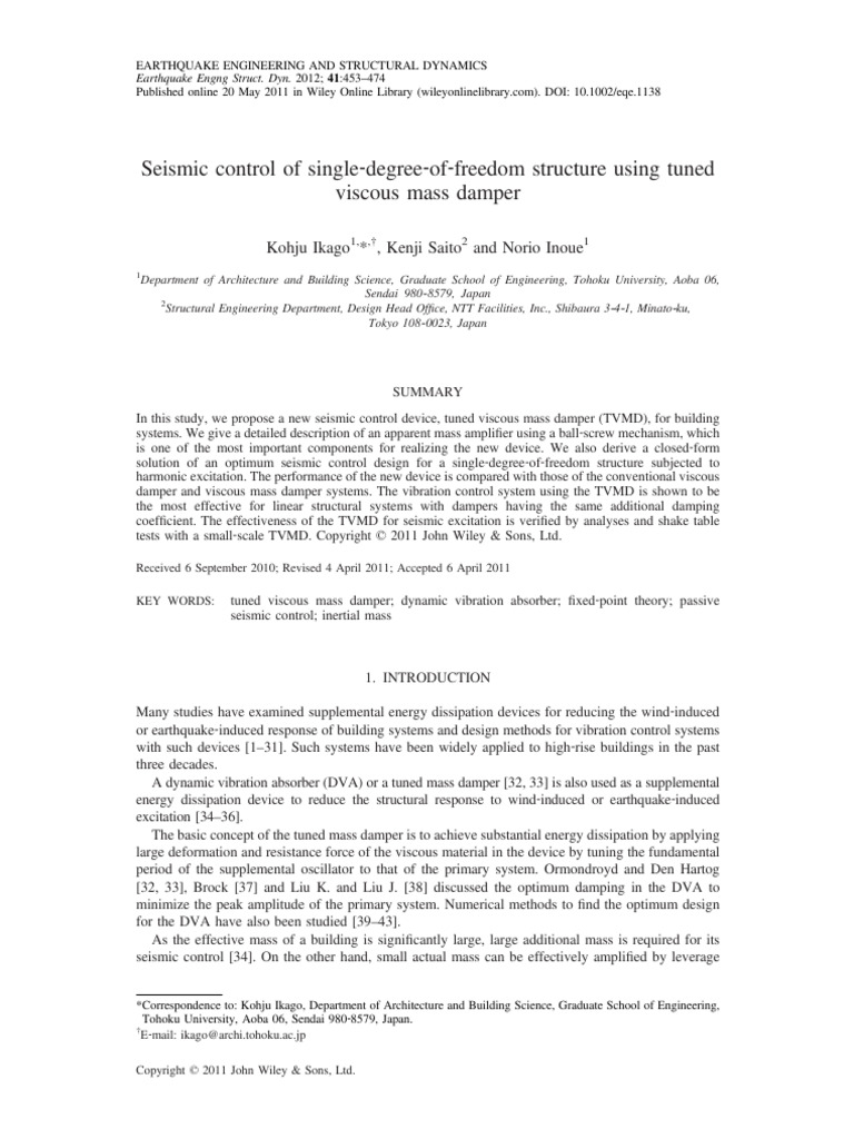 Earthq Engng Struct Dyn - 2012 - Ikago - Seismic Control of Single ...