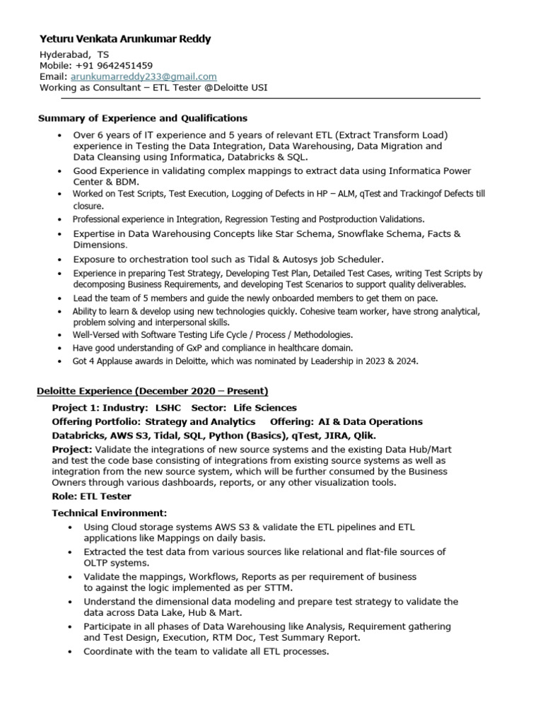 Arunkumar Reddy - ETL Tester Resume - 6 Yrs Exp | PDF | Data Warehouse ...