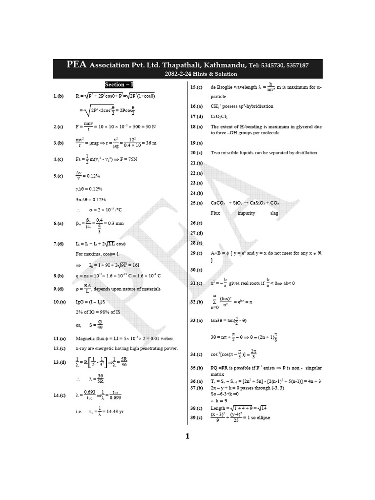 PEA Mock Test Solutions 2082-2-24 | PDF | Unit Processes | Physical ...