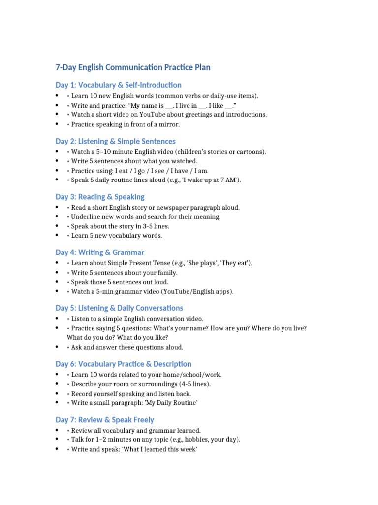7-Day English Communication Guide | PDF