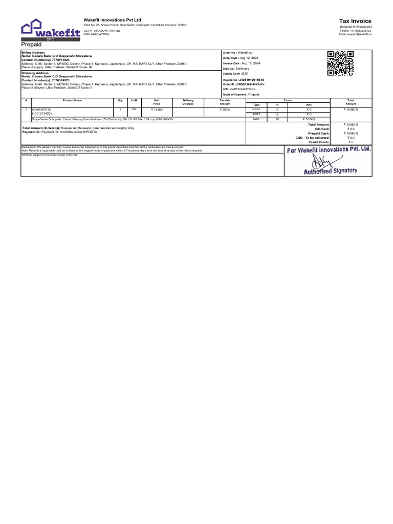 WAKEFIT INVOICE ORDER202408YihtCv 2024091216051726157146 | PDF ...