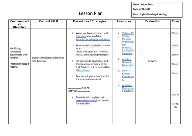 Lesson Plan - Connectors 27-04 - English Reading and Writing | PDF ...