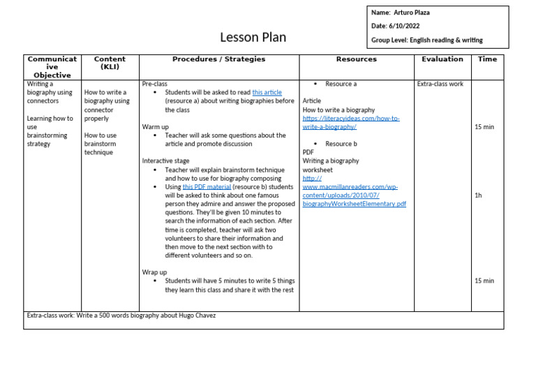 Biography Writing Lesson Plan | PDF | Lesson Plan | Human Communication