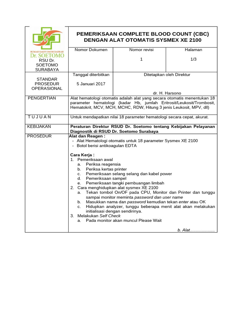 Prosedur CBC dengan Sysmex XE 2100 | PDF