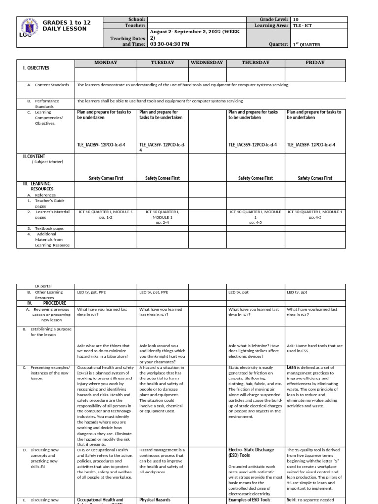 DLL - Tle Ict Css 10 - q1 - w2 | PDF | Electrostatic Discharge ...