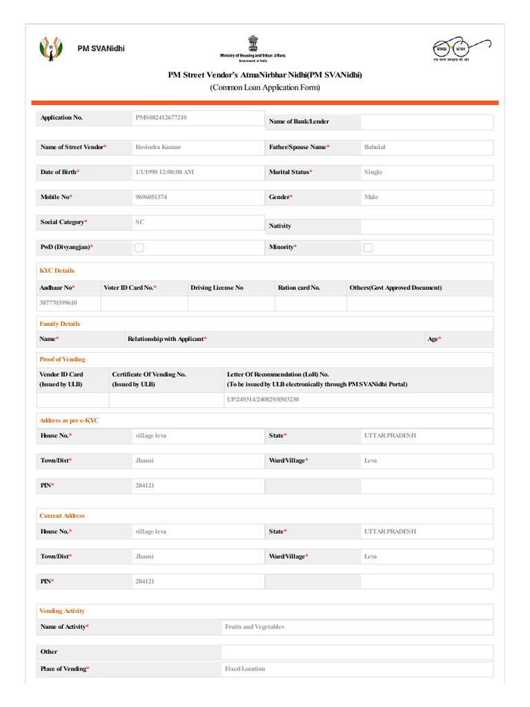 PM SVANidhi Loan Application Form | PDF | Loans | Credit