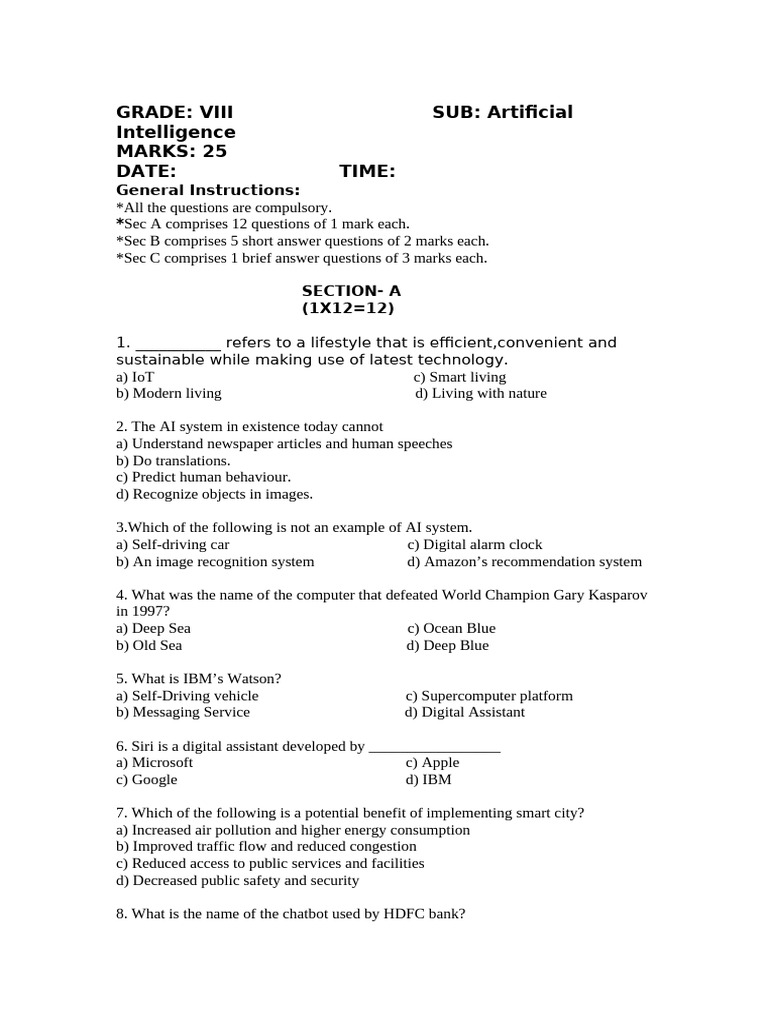 Class 8 AI Half Yearly Exam Paper | PDF | Artificial Intelligence ...
