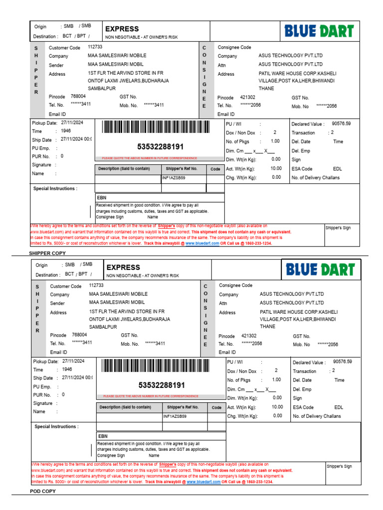 Non-Negotiable Waybill Template | PDF | Business | Trade