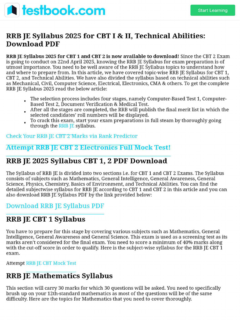 RRB JE Syllabus 2025 For CBT I & II | PDF