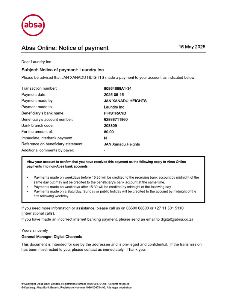 Absa Payment Notice for Laundry Inc | PDF