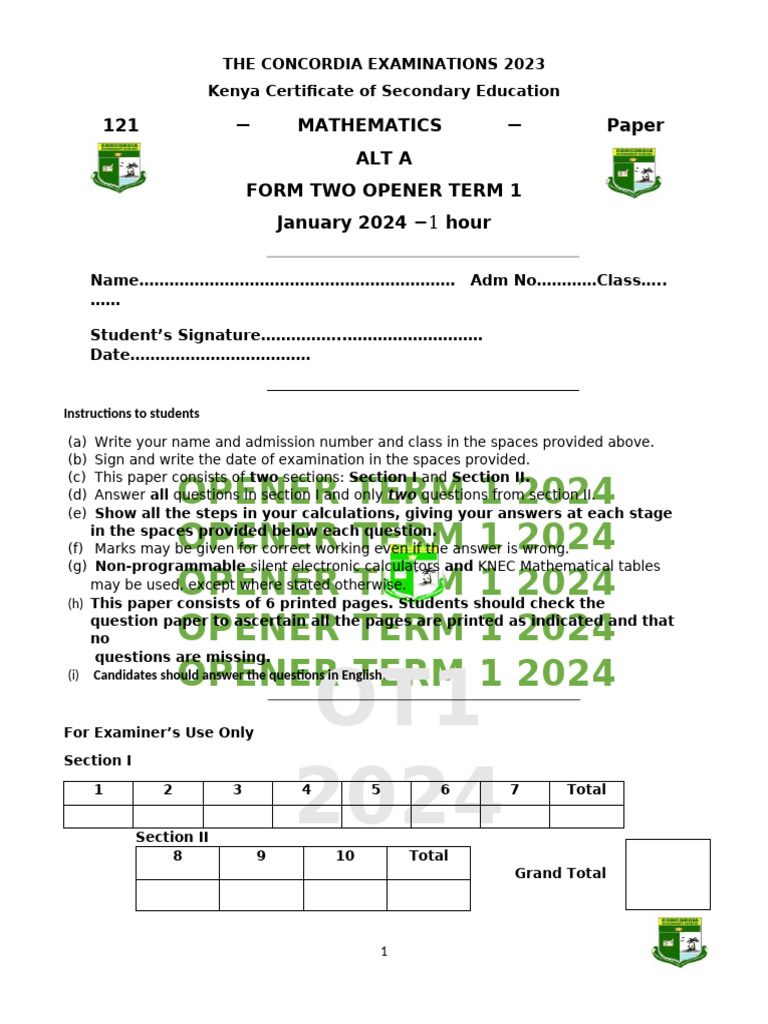 KCSE Mathematics Paper Term 1 2024 | PDF | Prices