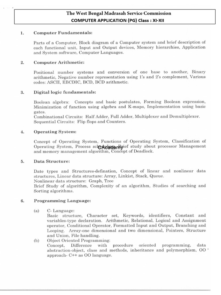 Computer Application PG Class Xi-Xii Syllabus - Watermark | PDF