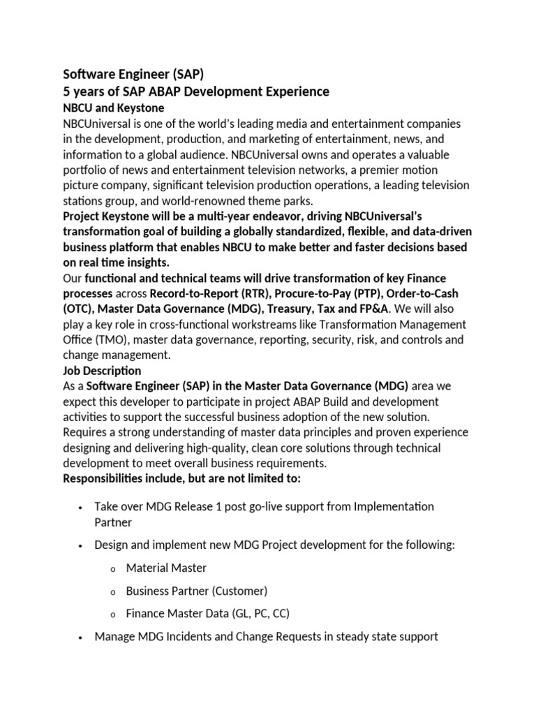 SAP Software Engineer Job Description | PDF | Software Engineering ...