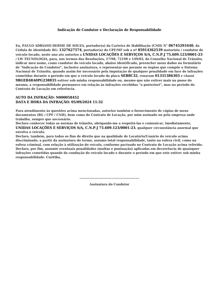 Indicação de Condutor e Responsabilidade | PDF