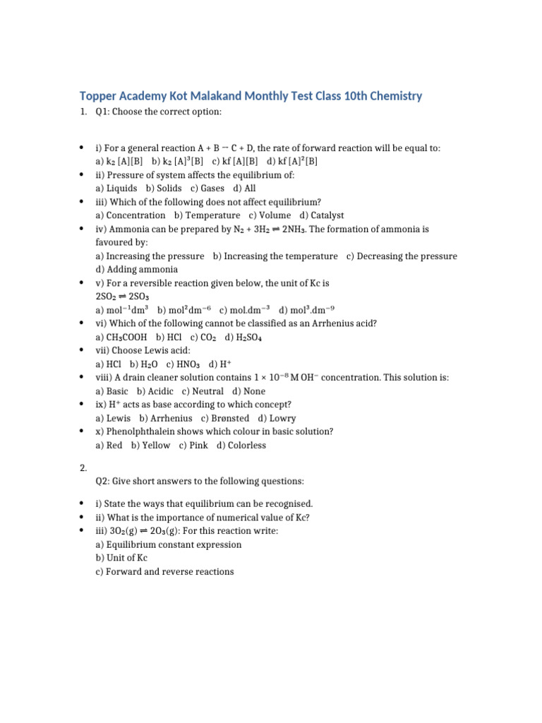 Corrected Topper Academy Test Class 10th Chemistry | PDF