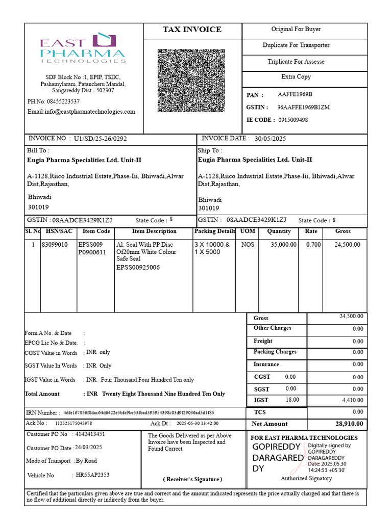 Eugia Pharma Invoice for Unit-II | PDF | Taxation | Payments