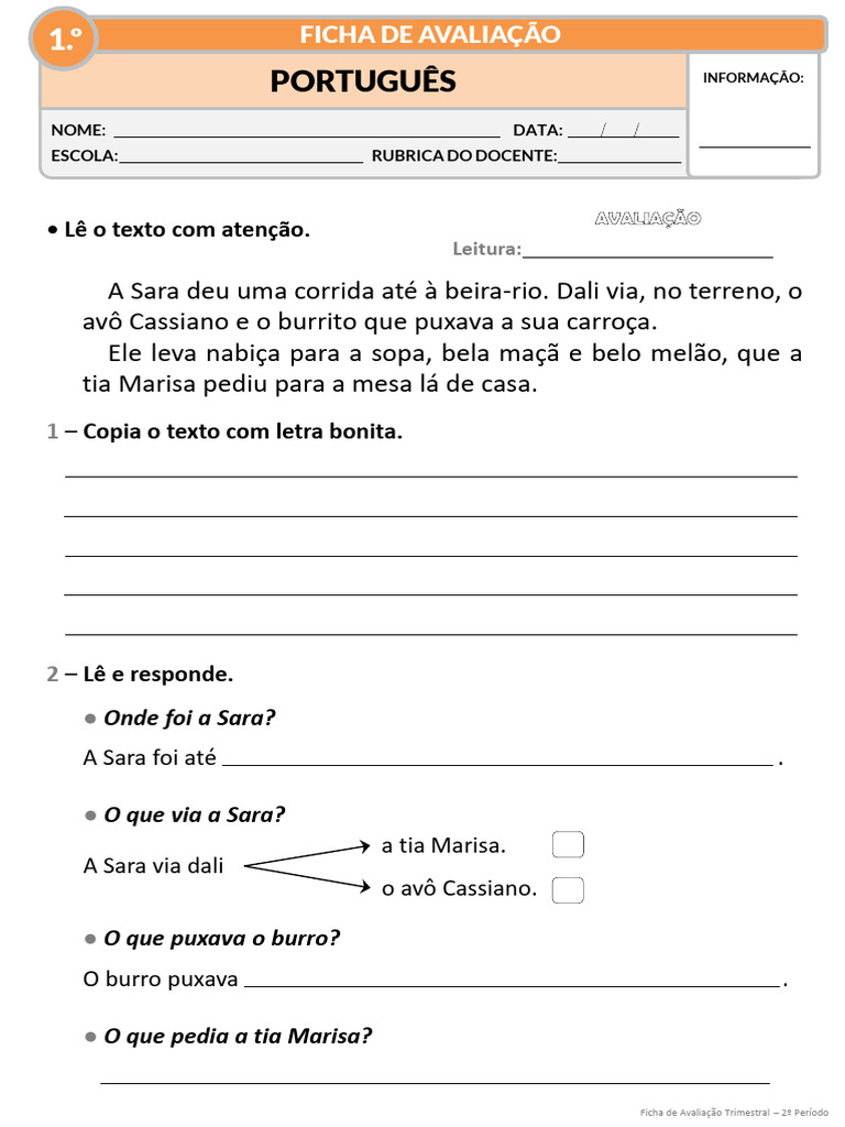 Ficha de Avaliação de Português 2º Período | PDF