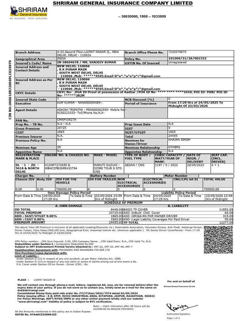 Passenger Vehicle Insurance Policy Details | PDF | Insurance | Deductible
