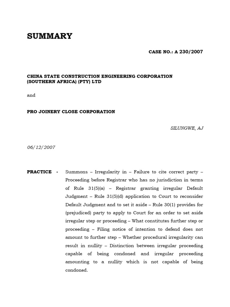 Namibia High Court Case A 230/2007 Judgment | PDF | Default Judgment ...
