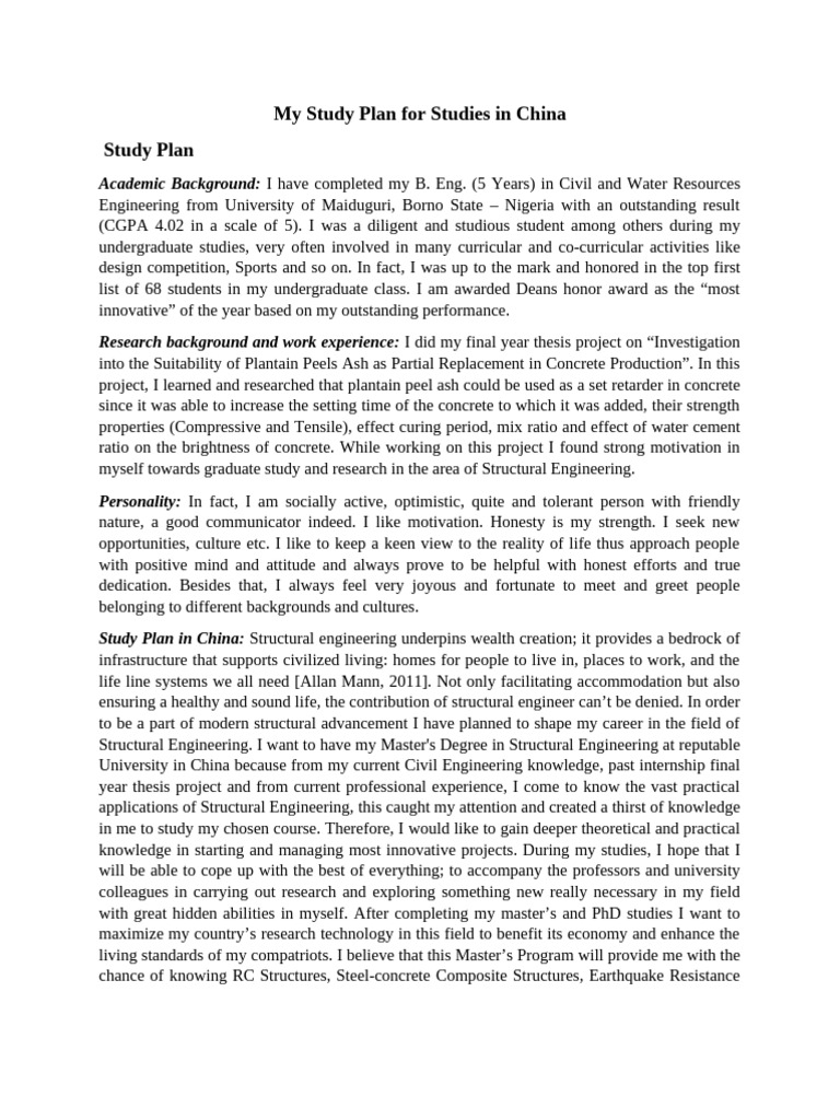 Study Plan for China Scholarship | PDF | Concrete | China