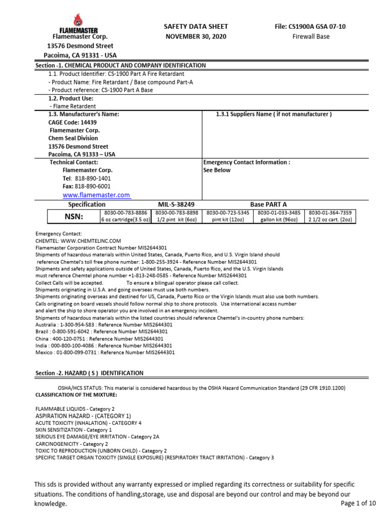 NMFC 4620: CS-1900 Fire Retardant | PDF | Toxicity | Dangerous Goods