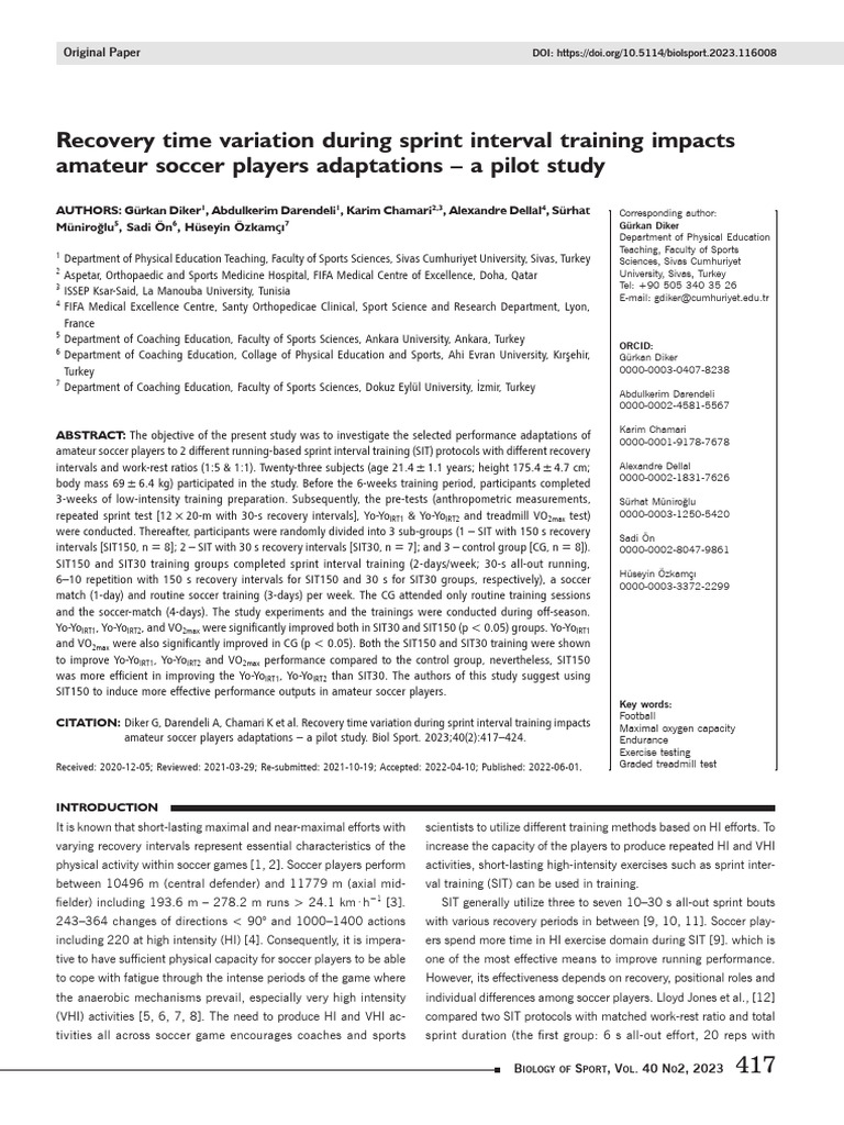 Sprint Interval Training Effects on Soccer Players | PDF | High ...