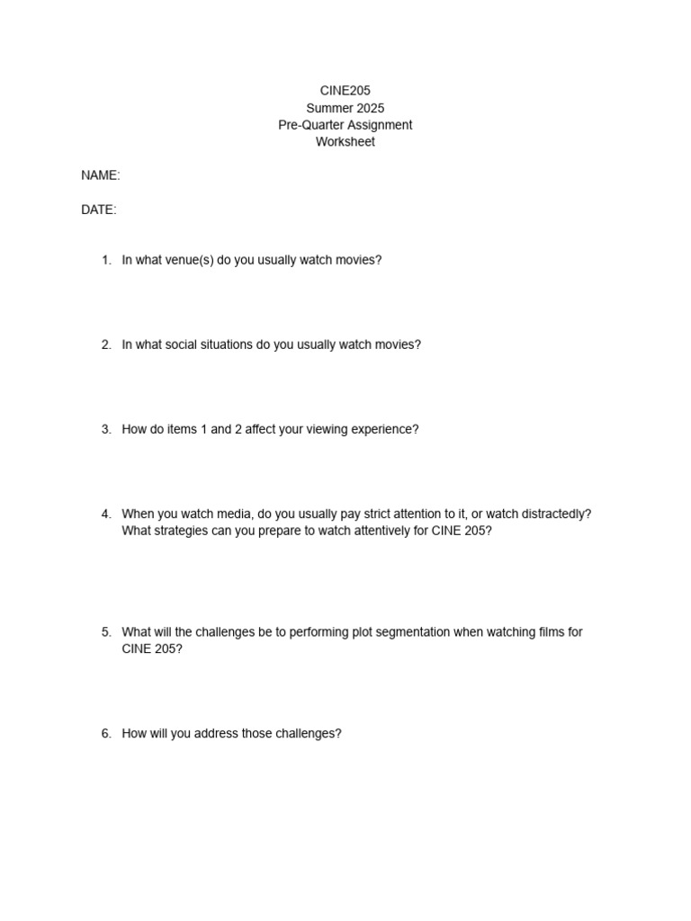CINE205 Pre-Quarter Assignment | PDF